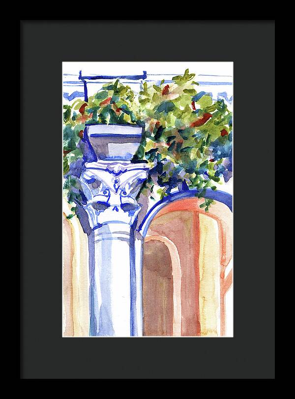 Ancient column on a background of leaves. Watercolor nature planair illuastration. - Framed Print