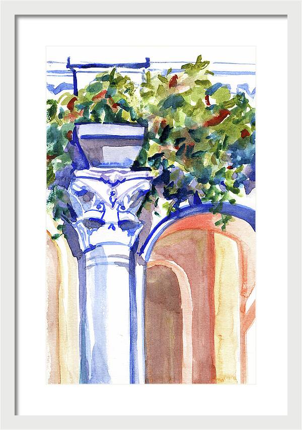 Ancient column on a background of leaves. Watercolor nature planair illuastration. - Framed Print