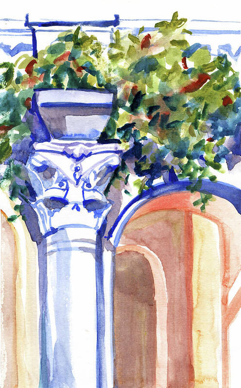 Ancient column on a background of leaves. Watercolor nature planair illuastration. - Art Print