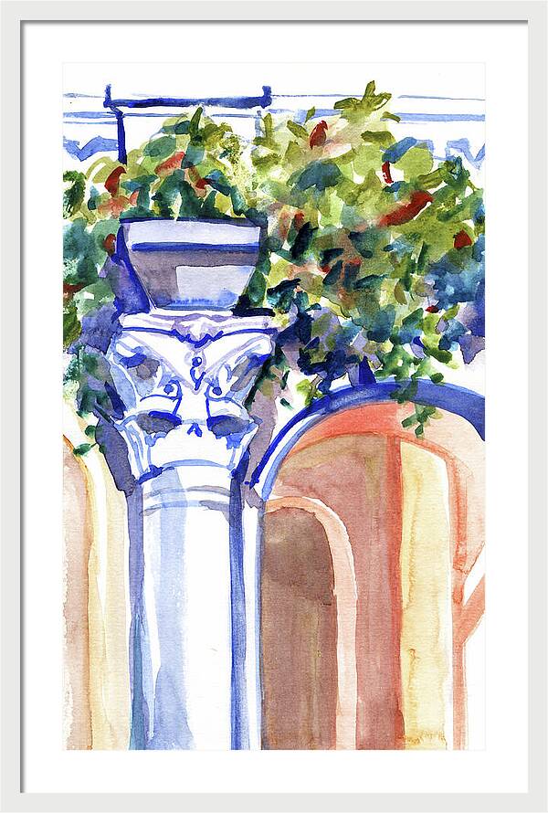 Ancient column on a background of leaves. Watercolor nature planair illuastration. - Framed Print