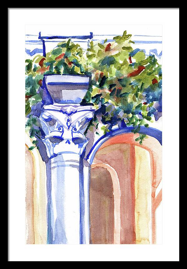 Ancient column on a background of leaves. Watercolor nature planair illuastration. - Framed Print