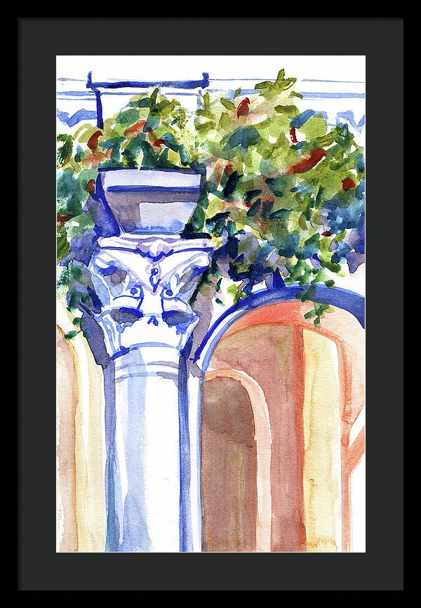 Ancient column on a background of leaves. Watercolor nature planair illuastration. - Framed Print