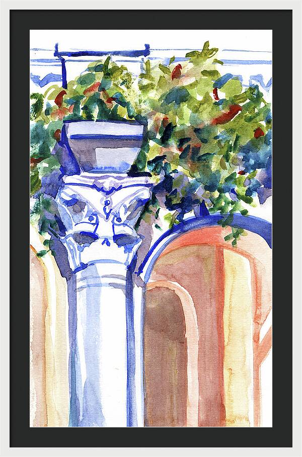 Ancient column on a background of leaves. Watercolor nature planair illuastration. - Framed Print