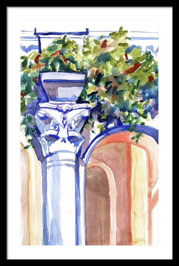 Ancient column on a background of leaves. Watercolor nature planair illuastration. - Framed Print