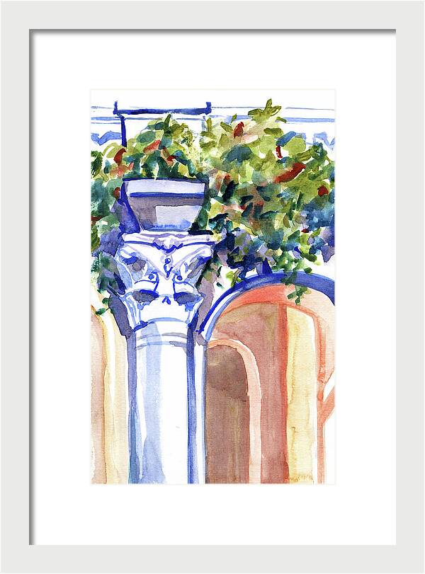 Ancient column on a background of leaves. Watercolor nature planair illuastration. - Framed Print