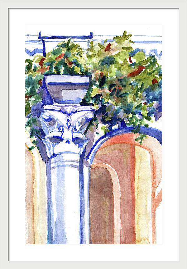 Ancient column on a background of leaves. Watercolor nature planair illuastration. - Framed Print