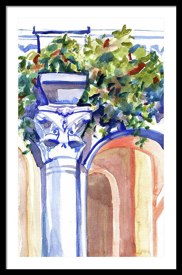 Ancient column on a background of leaves. Watercolor nature planair illuastration. - Framed Print