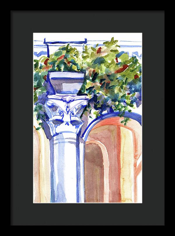 Ancient column on a background of leaves. Watercolor nature planair illuastration. - Framed Print