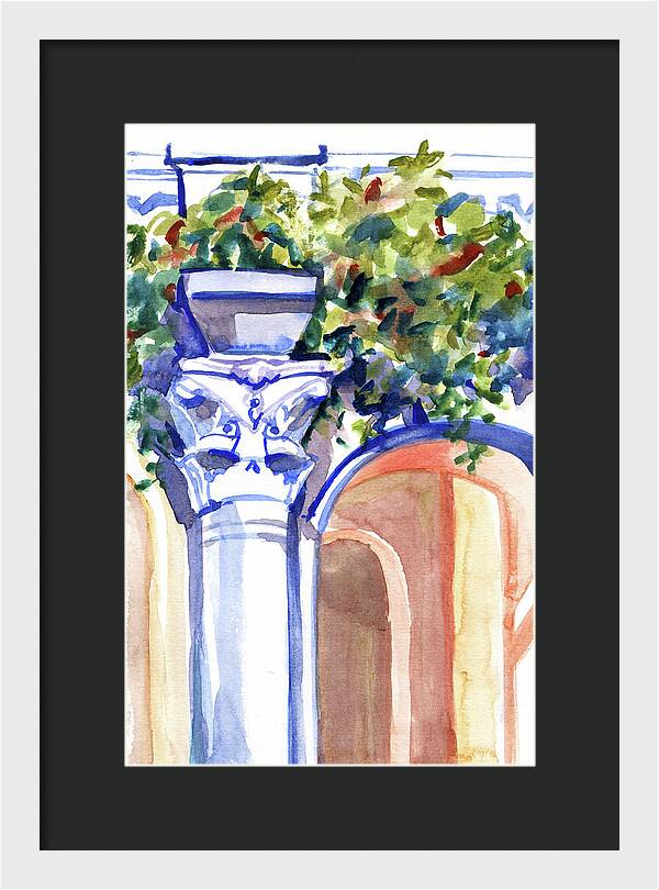 Ancient column on a background of leaves. Watercolor nature planair illuastration. - Framed Print
