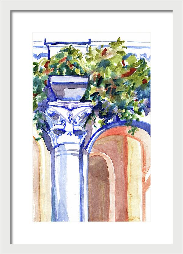 Ancient column on a background of leaves. Watercolor nature planair illuastration. - Framed Print