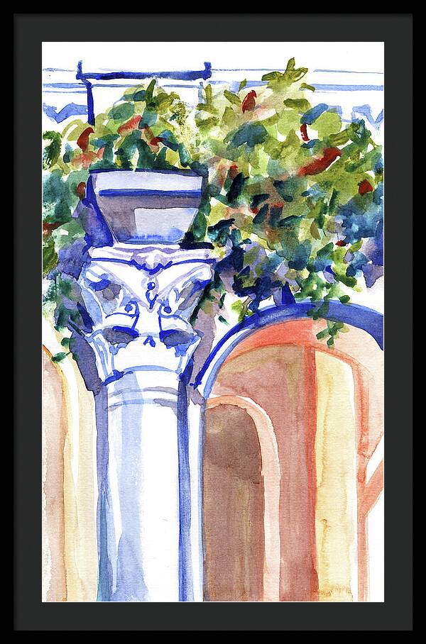 Ancient column on a background of leaves. Watercolor nature planair illuastration. - Framed Print