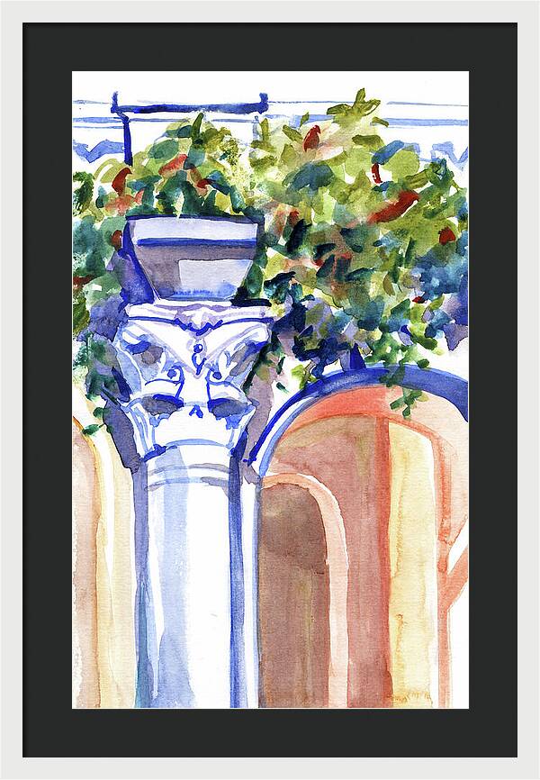 Ancient column on a background of leaves. Watercolor nature planair illuastration. - Framed Print