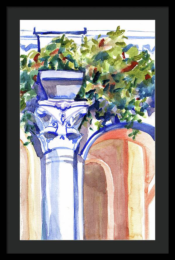 Ancient column on a background of leaves. Watercolor nature planair illuastration. - Framed Print