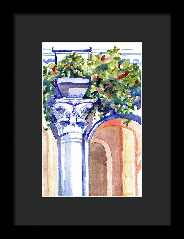 Ancient column on a background of leaves. Watercolor nature planair illuastration. - Framed Print