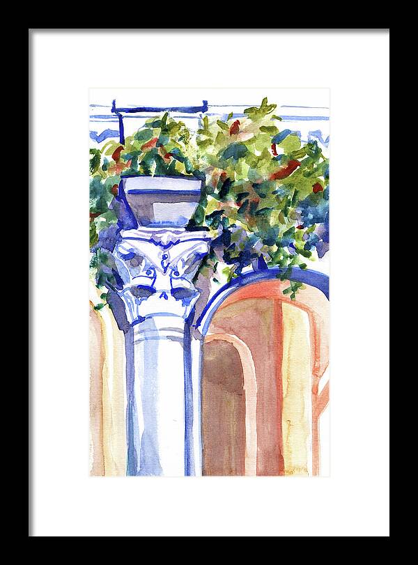 Ancient column on a background of leaves. Watercolor nature planair illuastration. - Framed Print