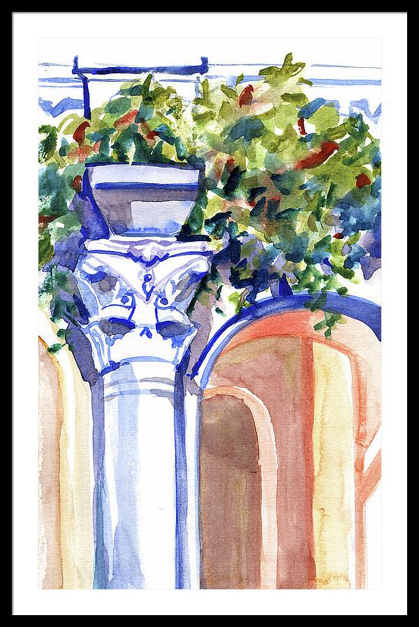 Ancient column on a background of leaves. Watercolor nature planair illuastration. - Framed Print