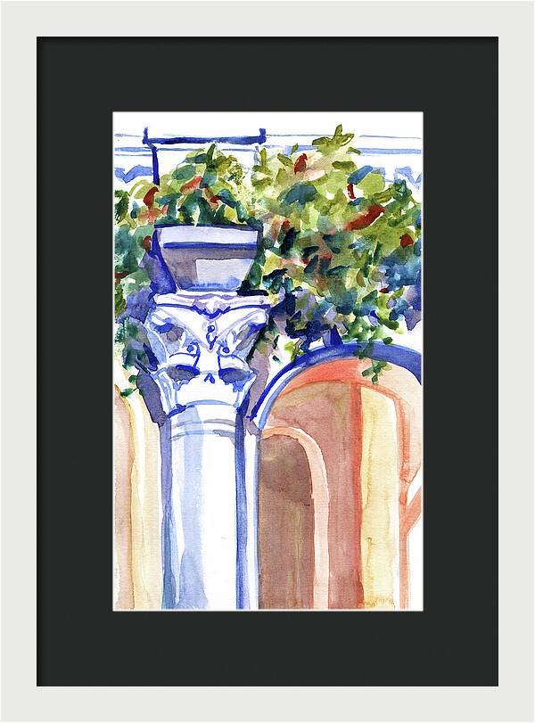 Ancient column on a background of leaves. Watercolor nature planair illuastration. - Framed Print