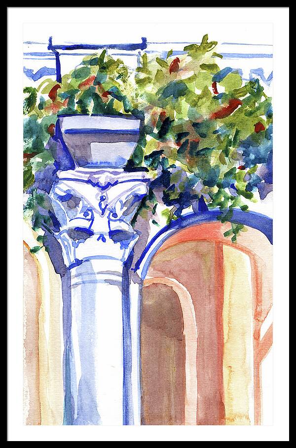 Ancient column on a background of leaves. Watercolor nature planair illuastration. - Framed Print
