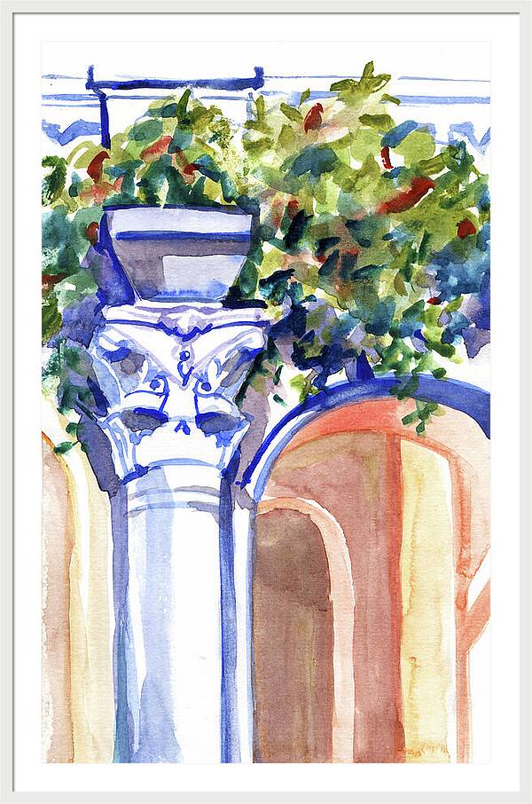 Ancient column on a background of leaves. Watercolor nature planair illuastration. - Framed Print