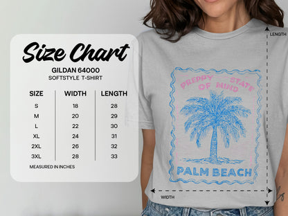 Gildan 64000 size chart for softstyle t-shirt with palm tree graphic.