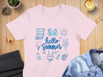 Pink t-shirt with "Hello Summer" graphic featuring beach items.
