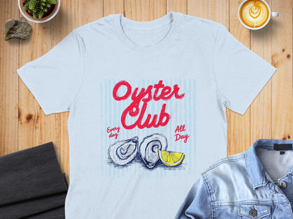 White t-shirt with red "Oyster Club" text, oysters, and lemon slice.