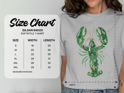Gildan 64000 softstyle t-shirt size chart with lobster graphic.