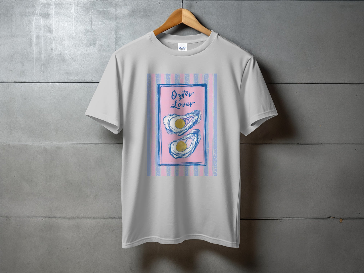 White t-shirt with a graphic of two oysters and "Oyster Lover" text.