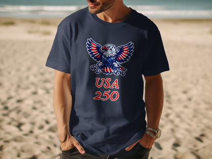Navy t-shirt with eagle and "USA 250" graphic on a man at the beach.