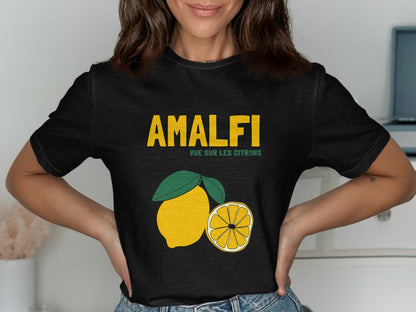 Black t-shirt with "AMALFI" and lemon graphic.