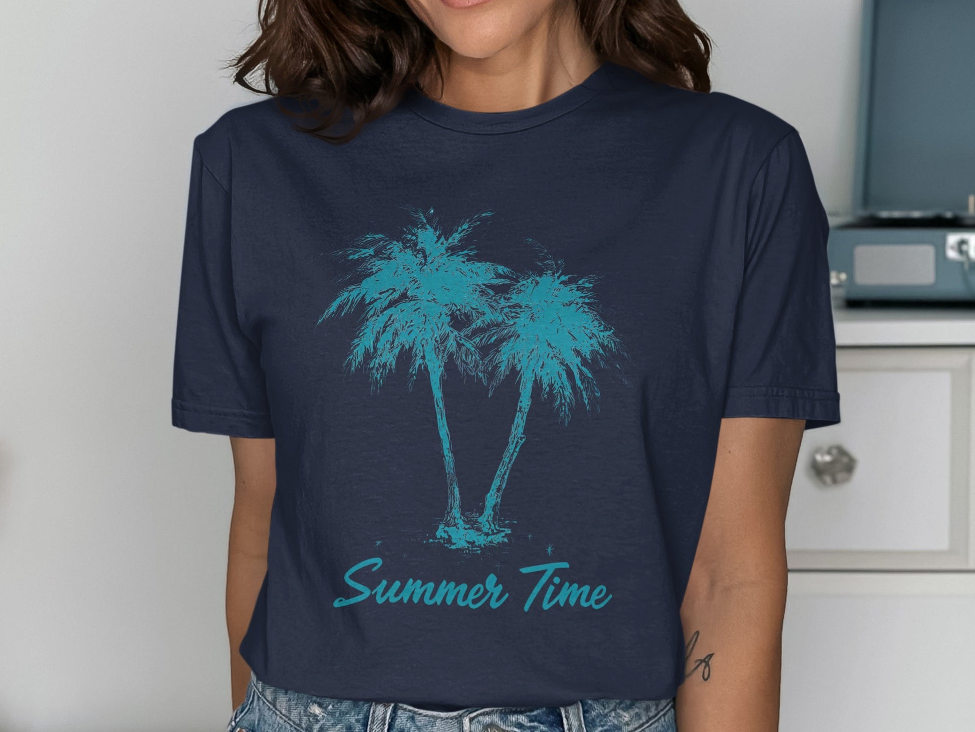Navy t-shirt with teal palm trees and "Summer Time" text.
