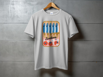 White t-shirt featuring a colorful sardine can illustration with the word "Sardines".