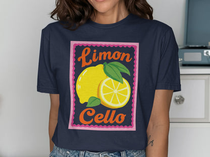 Navy blue t-shirt with a framed graphic of a lemon and "Limon Cello" text.