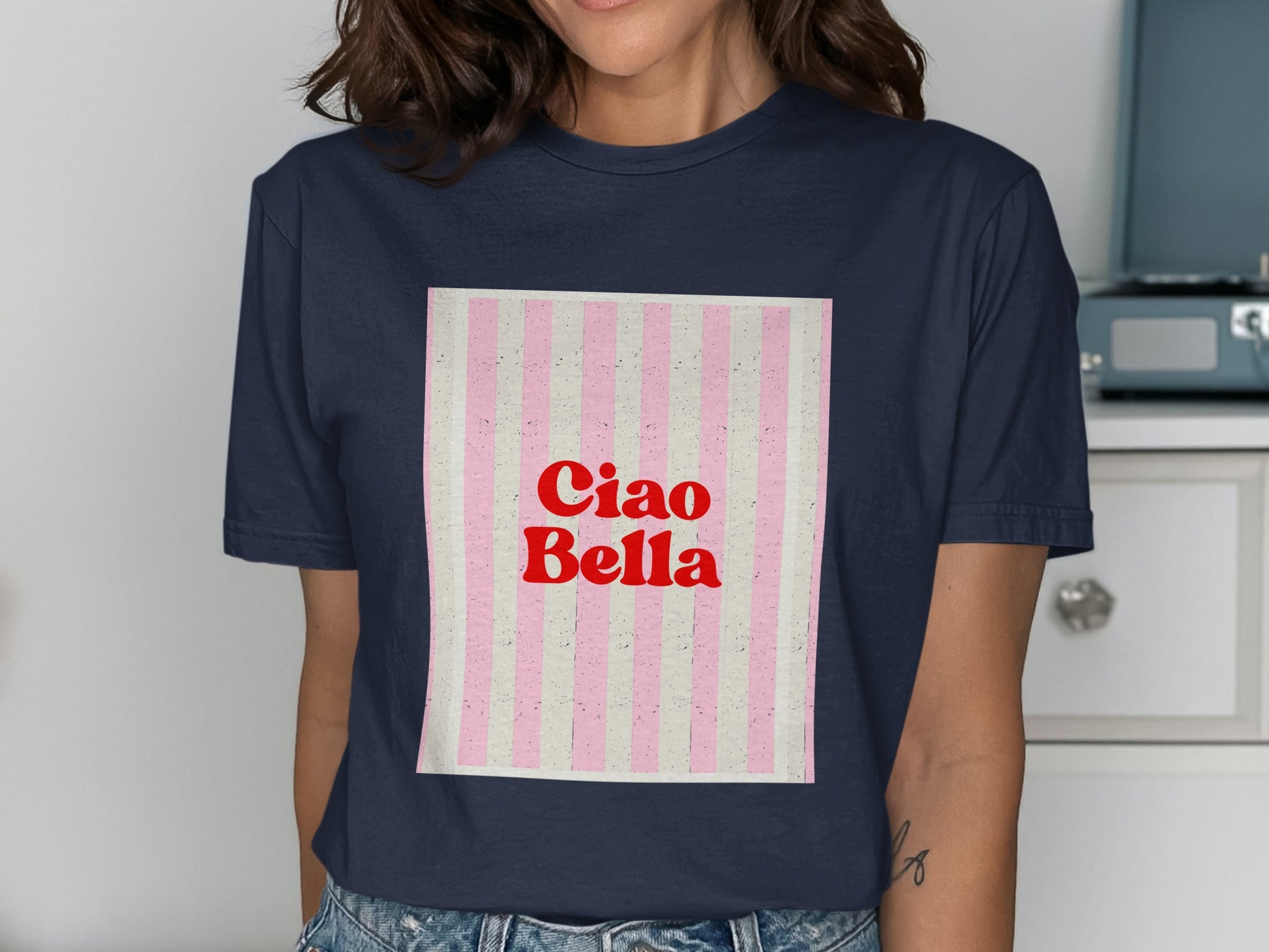 Navy t-shirt with pink and white striped pattern and "Ciao Bella" text.