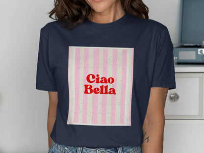 Navy t-shirt with pink and white striped pattern and "Ciao Bella" text.