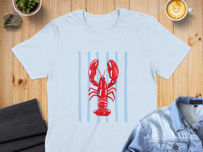 Light blue t-shirt with a watercolor red lobster and blue stripes.