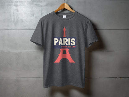 Dark gray t-shirt with Eiffel Tower graphic and "PARIS L'AMOUR DANS L'AIR" text.