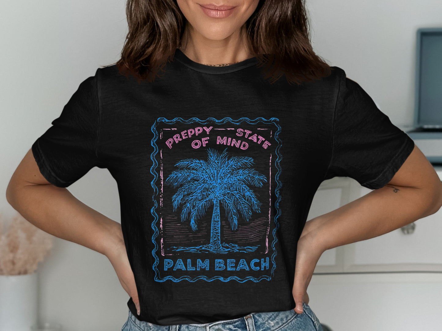 Black t-shirt with "Preppy State of Mind Palm Beach" text and palm tree graphic.