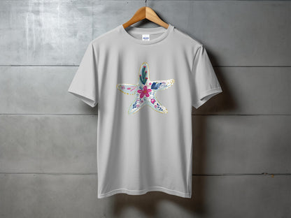 Light grey t-shirt featuring a decorative starfish graphic with floral accents.