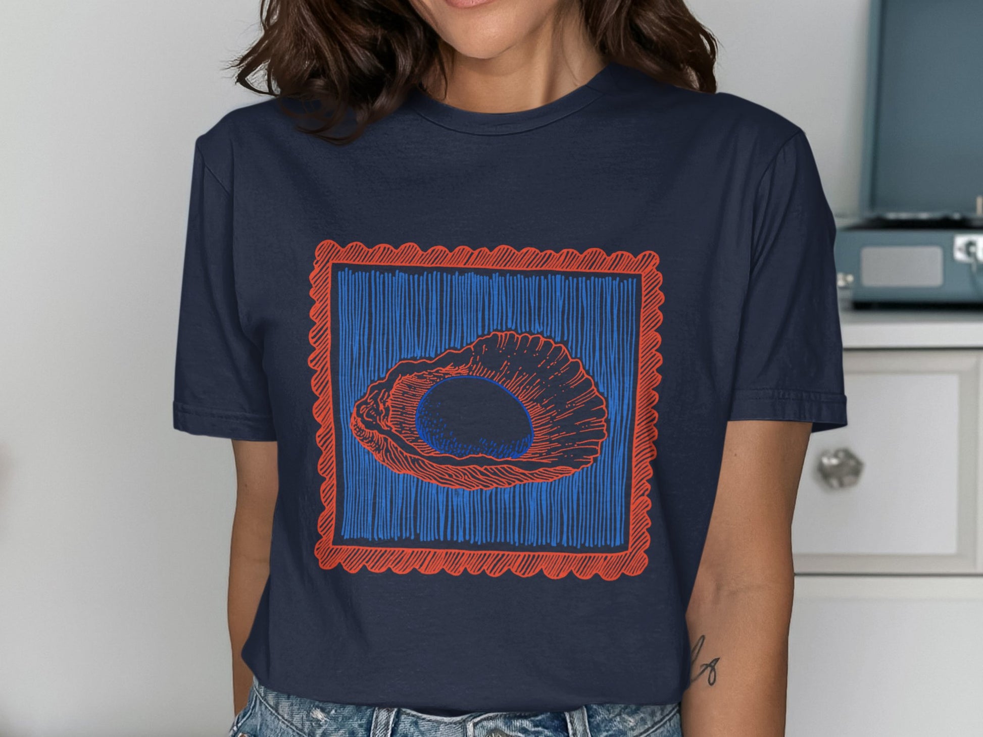 Artistic Blue and Red Oyster Design on T-Shirt product