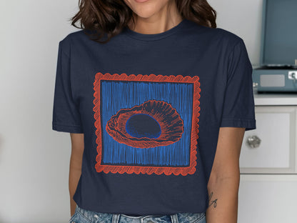 Artistic Blue and Red Oyster Design on T-Shirt product