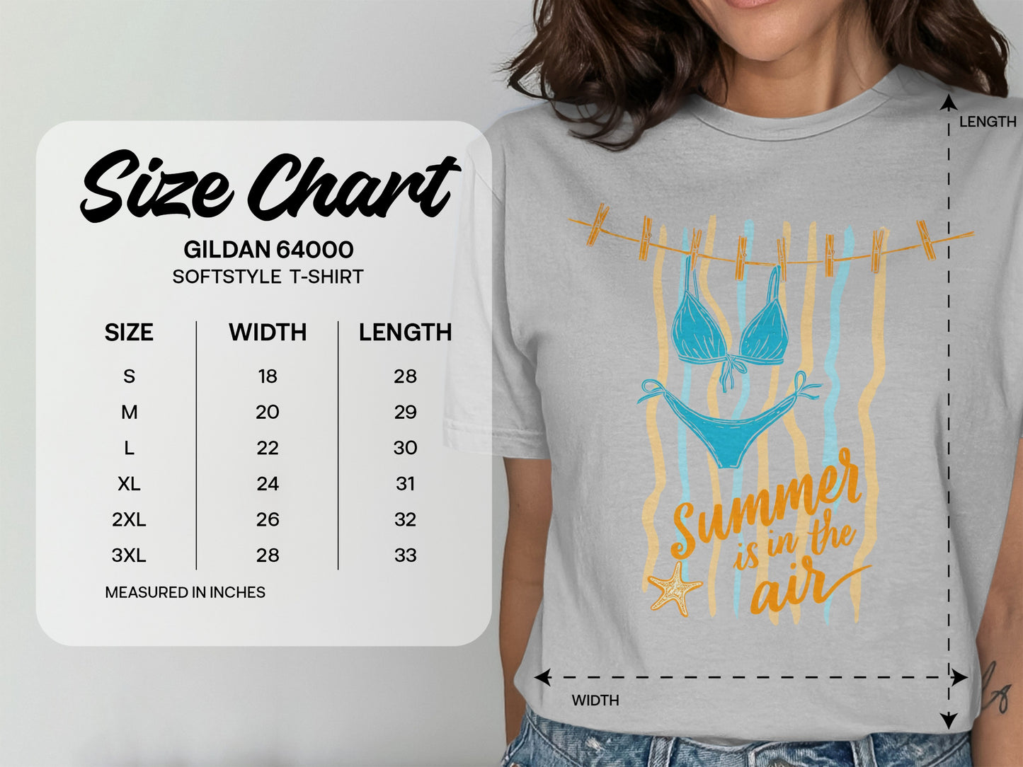 Gildan 64000 softstyle t-shirt size chart with width and length measurements.