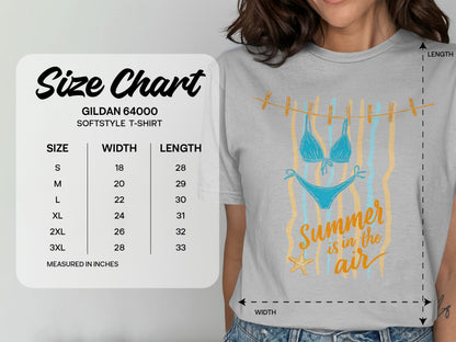 Gildan 64000 softstyle t-shirt size chart with width and length measurements.
