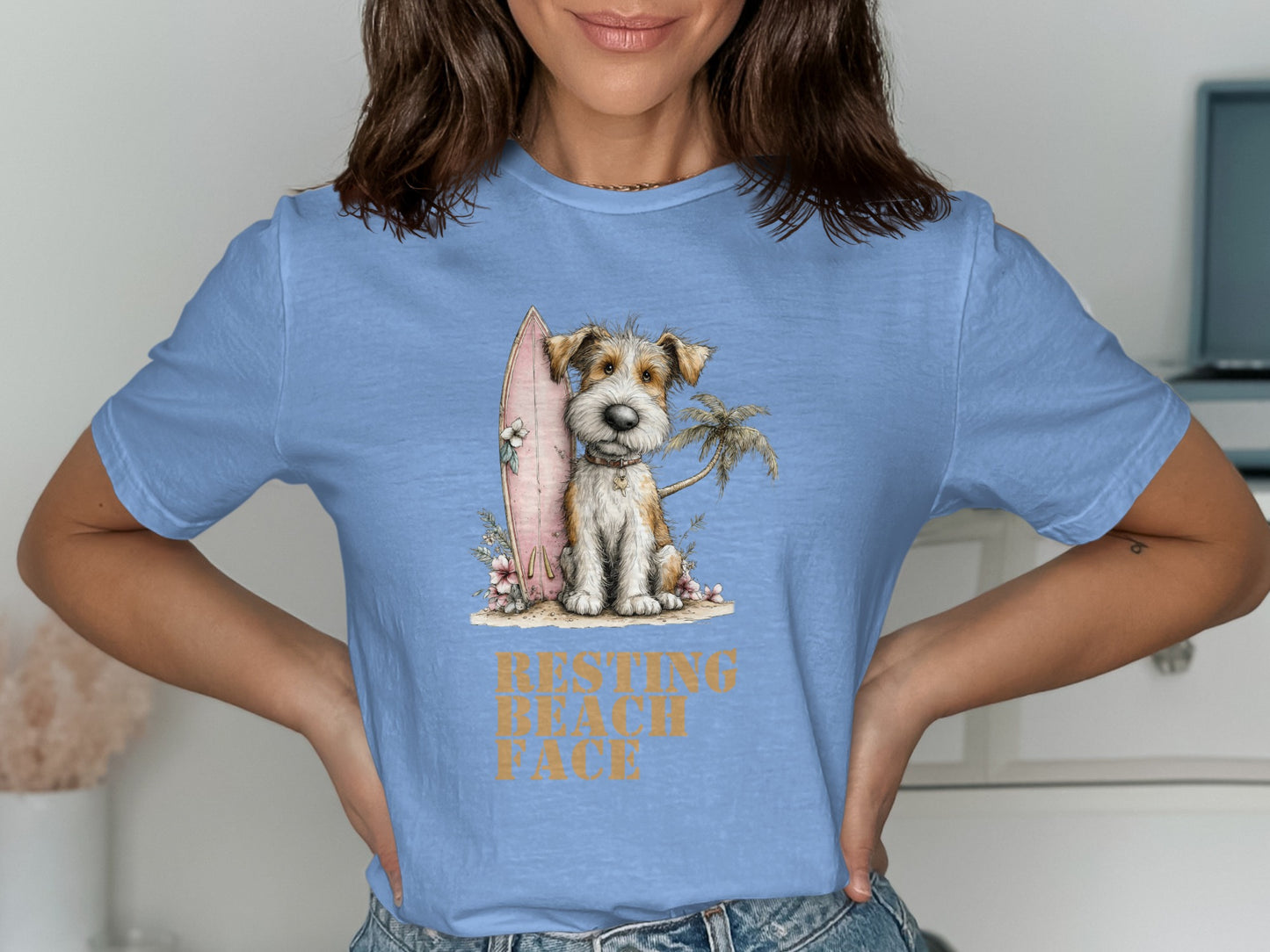 Cartoon dog in sunglasses with surfboard and palm tree, "RESTING BEACH FACE" text.