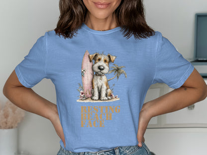 Cartoon dog in sunglasses with surfboard and palm tree, "RESTING BEACH FACE" text.