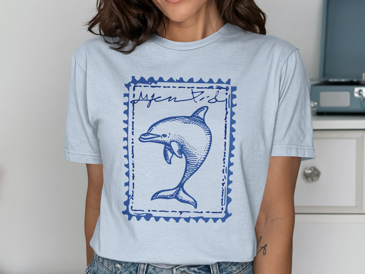 Dolphin Stamp Print Medium Blue T-Shirt product
