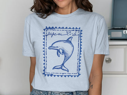 Dolphin Stamp Print Medium Blue T-Shirt product