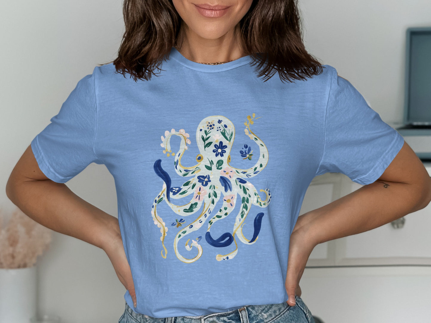 Light blue t-shirt with a floral octopus design.