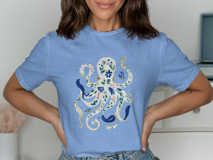 Light blue t-shirt with a floral octopus design.