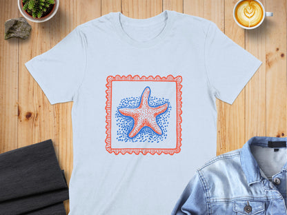 Starfish on Blue and Red Square White T-Shirt product